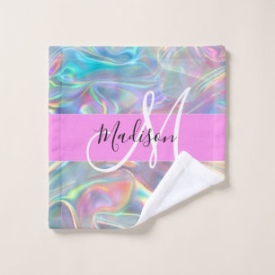 Girly Rainbow Holographic Iridescent Monogram Name Wash Cloth