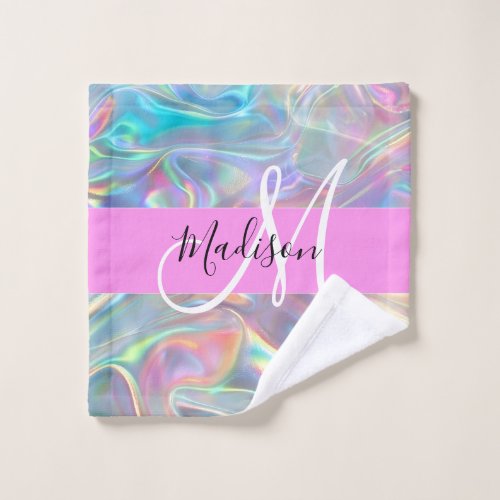 Girly Rainbow Holographic Iridescent Monogram Name Wash Cloth