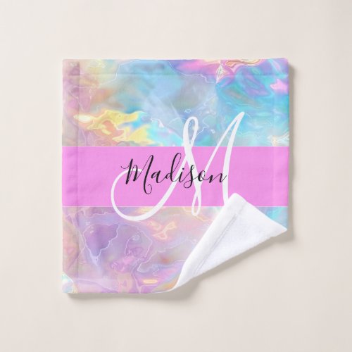 Girly Rainbow Holographic Iridescent Monogram Name Wash Cloth