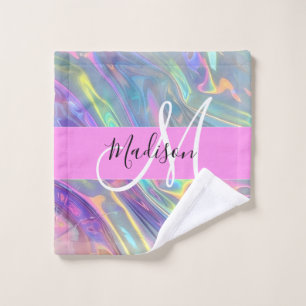 Girly Rainbow Holographic Iridescent Monogram Name Wash Cloth