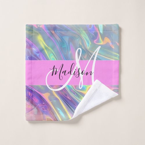 Girly Rainbow Holographic Iridescent Monogram Name Wash Cloth