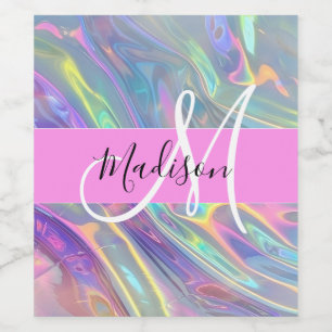 Girly Rainbow Holographic Iridescent Monogram Name Wine Label