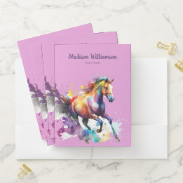Girly Rainbow Horse Purple Custom Name Pocket Folder