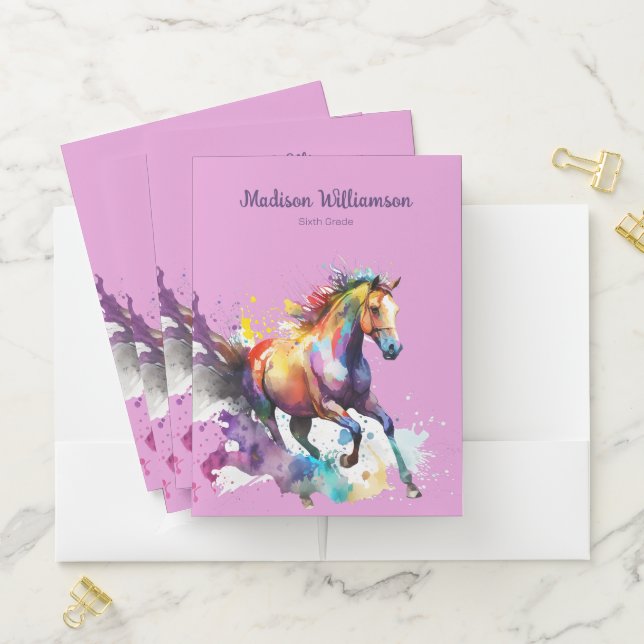 Girly Rainbow Horse Purple Custom Name Pocket Folder (In Situ)