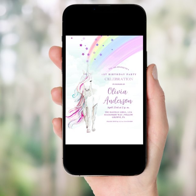 Girly Rainbow Magic Unicorn Stars Birthday Party Invitation (Front Digital)