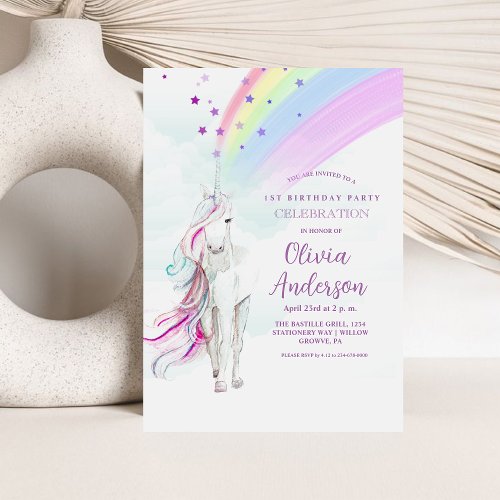 Girly Rainbow Magic Unicorn Stars Birthday Party Invitation