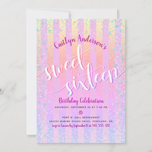 Girly Rainbow Ombre Sweet Sixteen Birthday Script Invitation