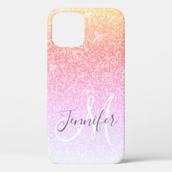 Girly Rainbow Pink Glitter Pink Monogram Name Iphone 12 Case by epclarke at Zazzle