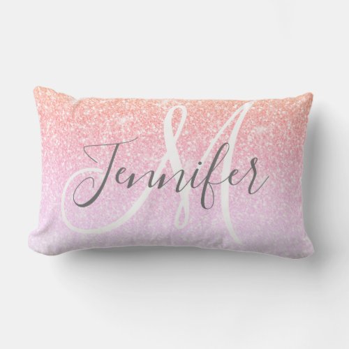 Girly Rainbow Pink Glitter Script Monogram Name Lumbar Pillow