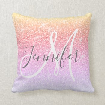 Girly Rainbow Pink Sparkle Glitter Monogram Name Throw Pillow by epclarke at Zazzle