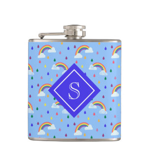 Girly Rainbow Rain Clouds Personalized Monogram Flask