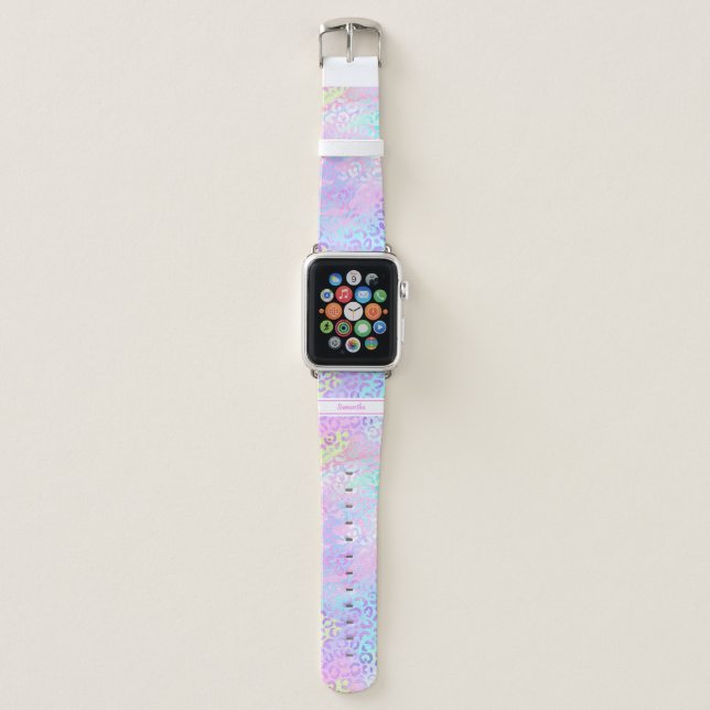 Girly Rainbow Shimmer Leopard Print Personalized Apple Watch Band (Front)