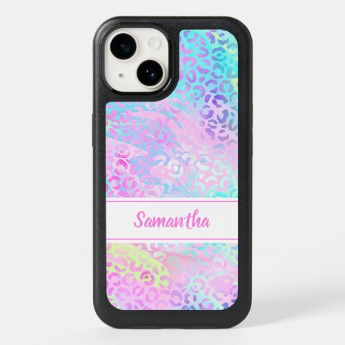 Girly Rainbow Shimmer Leopard Print Personalized OtterBox iPhone 14 Case