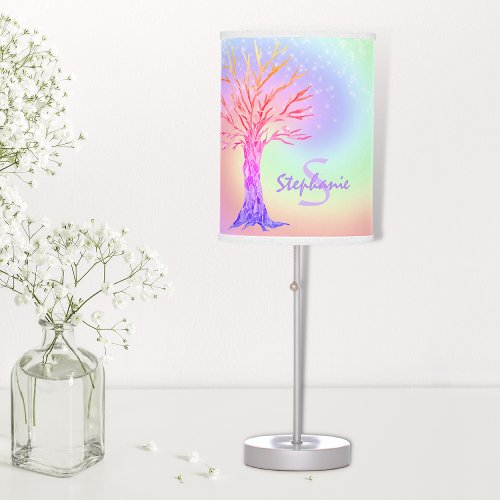 Girly Rainbow Sparkles Monogram Name Table Lamp