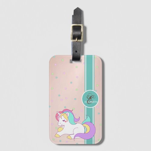 Girly Rainbow Unicorn Colorful Stars Monogram Luggage Tag