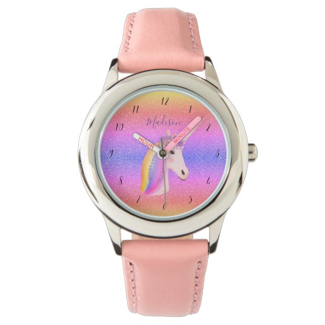 Girly Rainbow Unicorn Glitter Girls Personalized Watch (Front)
