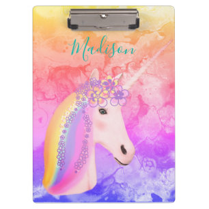 Girly Rainbow Unicorn Magical Fun Watercolor Name Clipboard