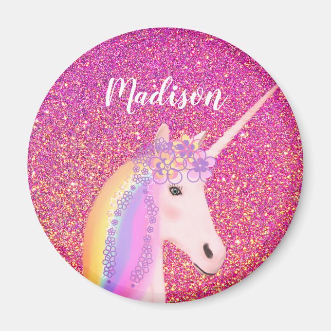Girly Rainbow Unicorn Pink Glitter Personalized Magnet (Front)