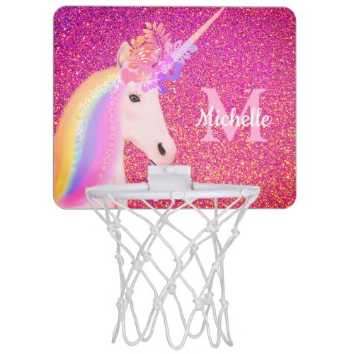 Girly Rainbow Unicorn Pink Glitter Personalized Mini Basketball Hoop