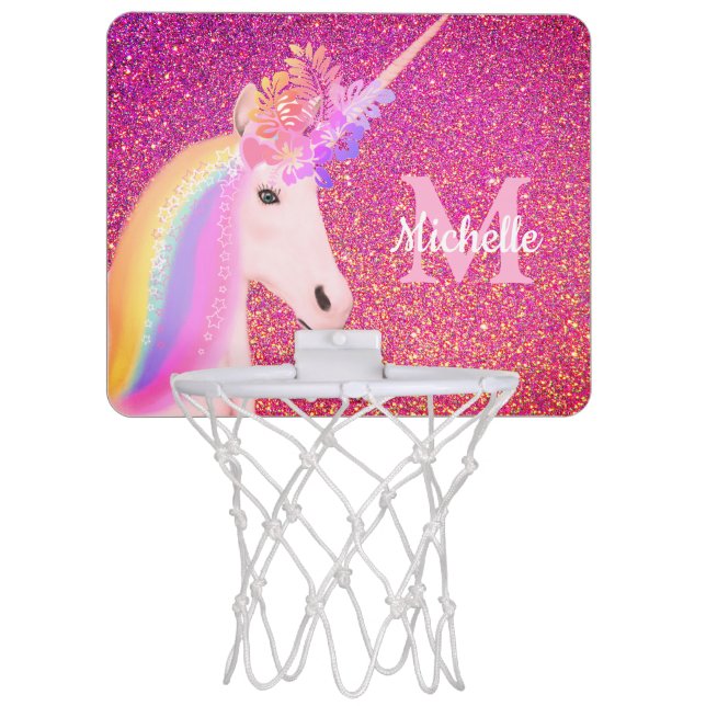 Girly Rainbow Unicorn Pink Glitter Personalized Mini Basketball Hoop (Front)