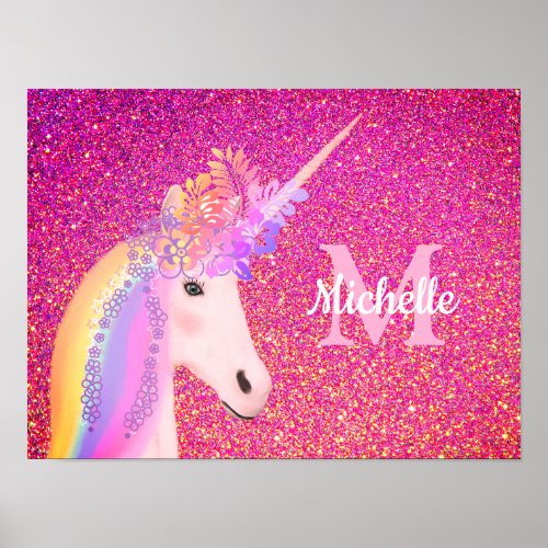 Girly Rainbow Unicorn Pink Glitter Personalized Poster