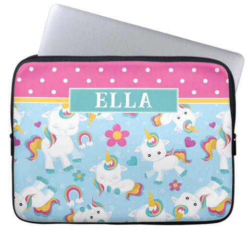 Girly Rainbow Unicorn Polka Dot Name Laptop Sleeve