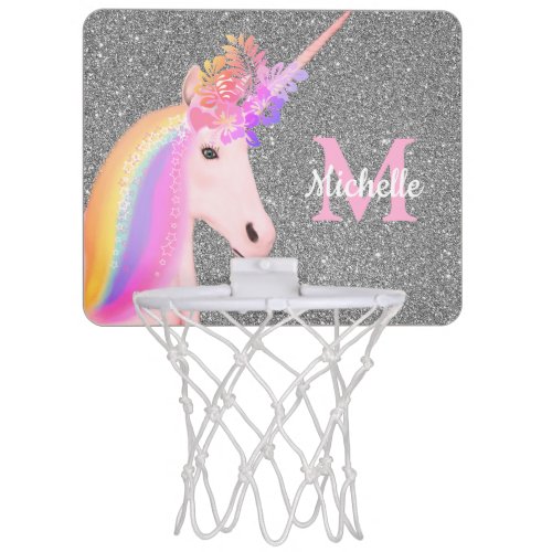 Girly Rainbow Unicorn Silver Glitter Personalized Mini Basketball Hoop