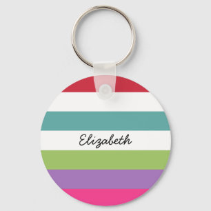 Girly Rainbow Wide Horizontal Stripes With Name Keychain