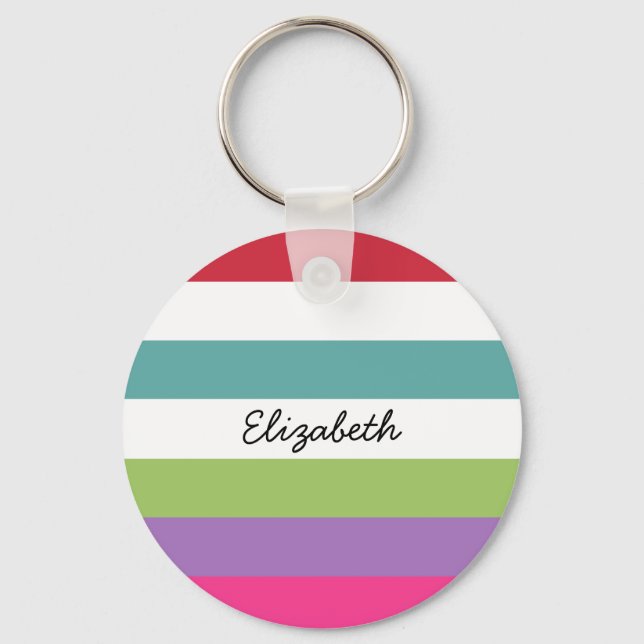 Girly Rainbow Wide Horizontal Stripes With Name Keychain (Front)