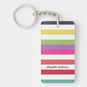 Girly Rainbow Wide Horizontal Stripes With Name Keychain