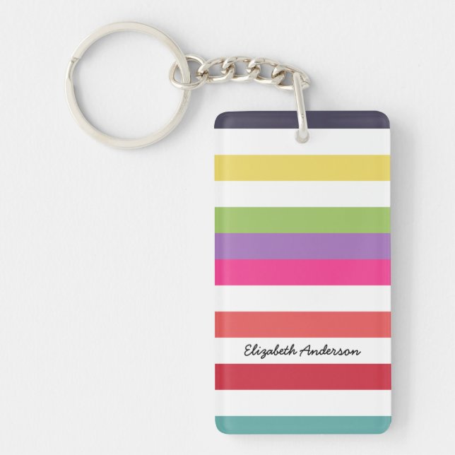 Girly Rainbow Wide Horizontal Stripes With Name Keychain (Front)