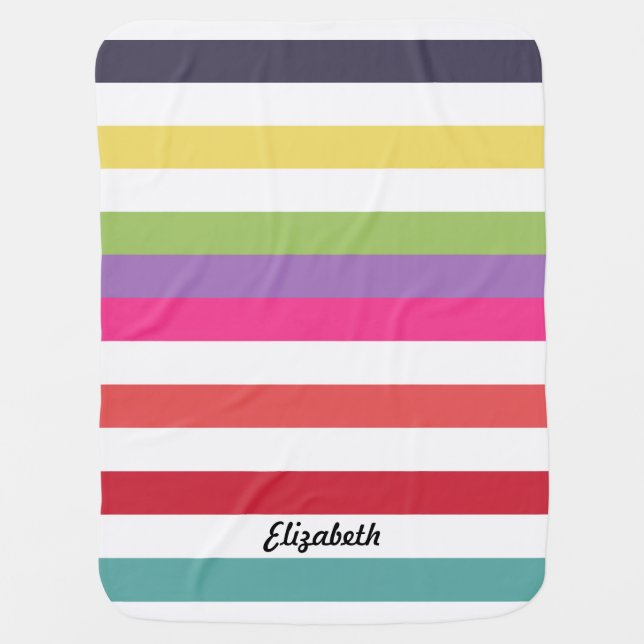 Girly Rainbow Wide Horizontal Stripes With Name Receiving Blanket (Front)