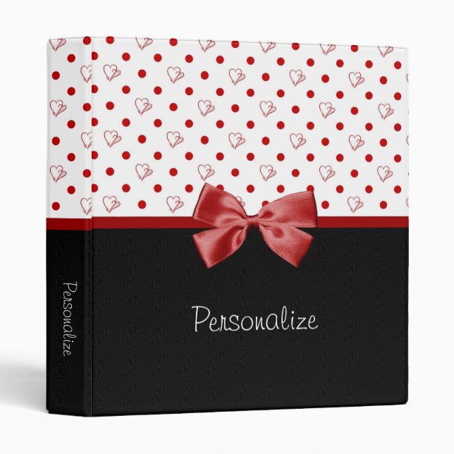Girly Red and Black Polka Dot Hearts Bow With Name Binder (Front/Spine)