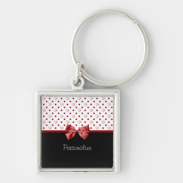 Girly Red and Black Polka Dot Hearts Bow With Name Keychain (Front)