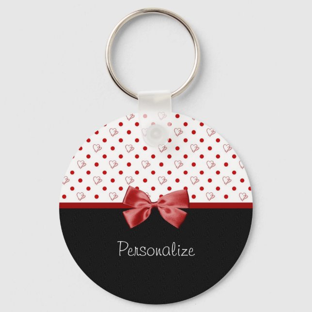 Girly Red and Black Polka Dot Hearts Bow With Name Keychain (Front)