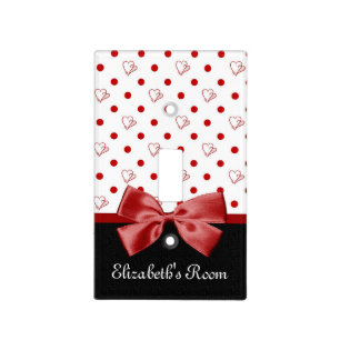 Girly Red and Black Polka Dot Hearts Bow With Name Light Switch Cover