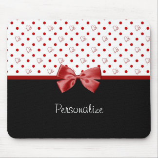 Girly Red and Black Polka Dot Hearts Bow With Name Mouse Pad