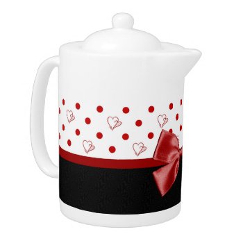 Girly Red And Black Polka Dot Hearts Bow With Name Teapot by PhotographyTKDesigns at Zazzle