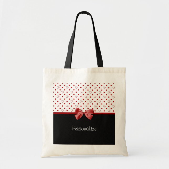 Girly Red and Black Polka Dot Hearts Bow With Name Tote Bag (Front)