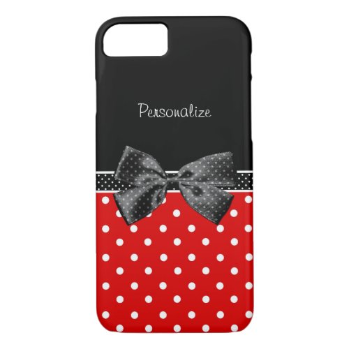 Girly Red and Black Polka Dots With Bow and Name iPhone 87 Case