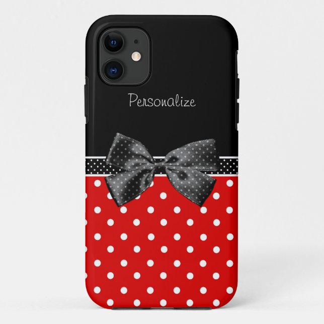Girly Red and Black Polka Dots With Bow and Name Case-Mate iPhone Case (Back)
