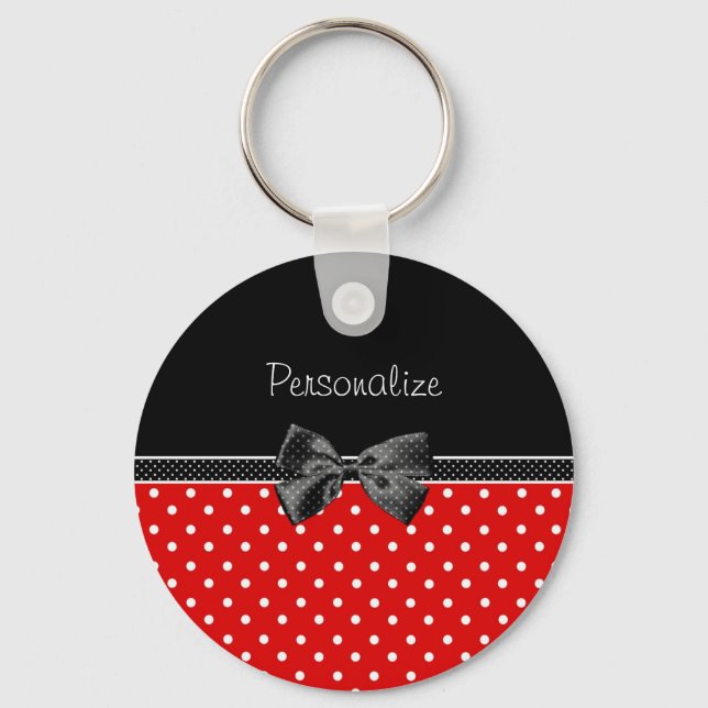 Girly Red and Black Polka Dots With Bow and Name Keychain (Front)