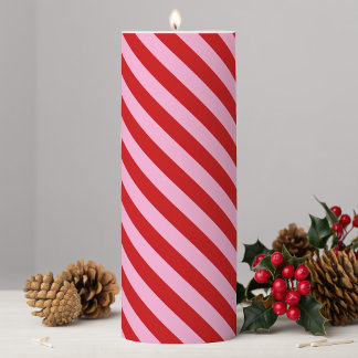 Girly Red and Pink Candy Diagonal Stripe Pillar Candle