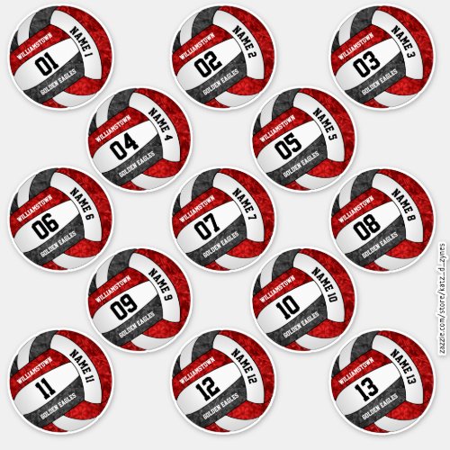girly red black volleyball team set of 13 stickers