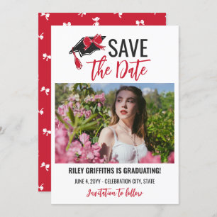 Girly Red Bow & Cap Graduation Save The Date