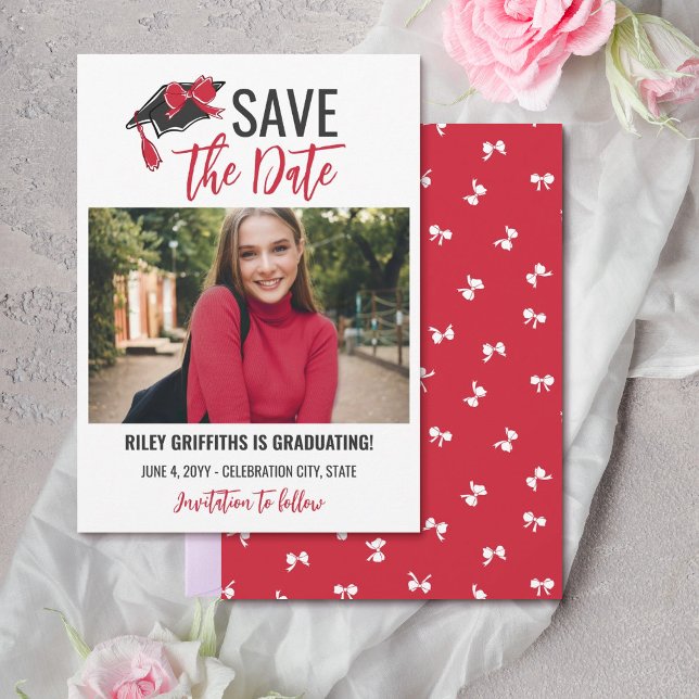 Girly Red Bow & Cap Graduation Save The Date (Creator Uploaded)