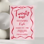 Girly Red Bow Coquette Twenty One 21st Birthday Invitation<br><div class="desc">Celebrate a milestone in style with this trendy red and pink "coquette" style 21st birthday invitation! Featuring a chic wavy ribbon frame and an elegant bow, this preppy design is perfect for a modern "Twenty One" celebration. The sophisticated mix of large script calligraphy and clean typography creates a fashion-forward look...</div>