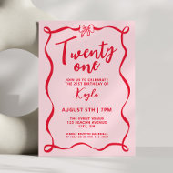 Girly Red Bow Coquette Twenty One 21st Birthday Invitation