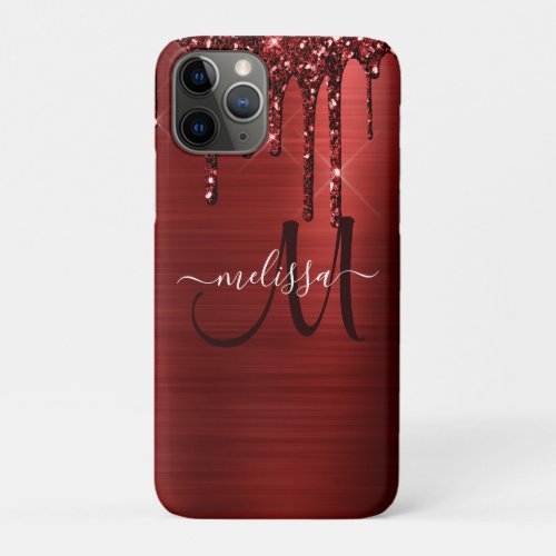 Girly Red Dripping Glitter Brush Metal Monogram iPhone 11 Pro Case