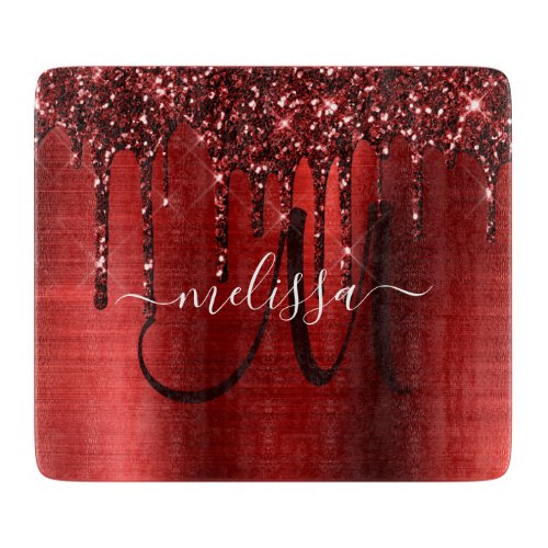 Girly Red Dripping Glitter Brush Metal Monogram Cutting Board